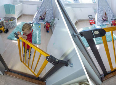 Detská kovová zábrana v kombinácii so svetlým drevom PupyHou pre malých zvedavých nezbedníkov.