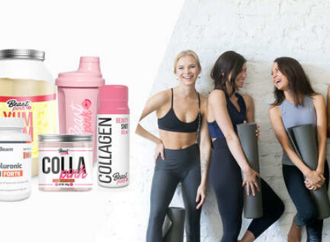 Funkčné doplnky plné proteínov z GymBeam – proteín, spaľovač, multivitamín, Cola Pink.