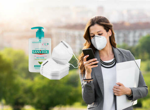 Jednorázové rúška, ochranné masky alebo respirátory + darček: dezinfekcia na ruky Sanytol.