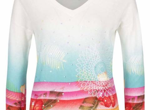 Elegantný dámsky krémovo-modrý sveter s farebnou potlačou Desigual Crater.