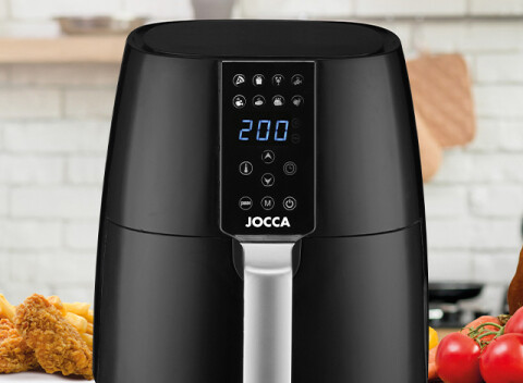 Digitálna teplovzdušná fritéza Air Fryer Jocca. Vie smažiť, piecť, zapekať, grilovať aj variť.