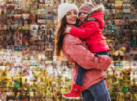 Mozaika na plátne z vlastných fotografií, aj v tvare srdca – natiahnutá na ráme so závesným systémom.