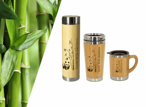 Trendové nerezovo-bambusové termohrnčeky a termoska do voza i do koča Smile With Bamboo.