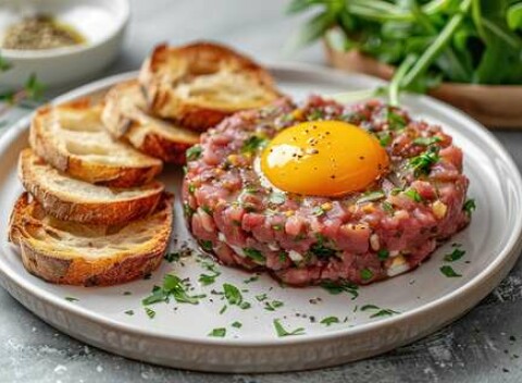 Tatársky biftek z kvalitnej hovädzej sviečkovej s topinkami v reštaurácii Rotoska - dovoz alebo TAKE AWAY