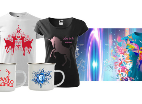 Hrnčeky alebo tričká s potlačou vlastného alebo predpripraveného dizajnu.