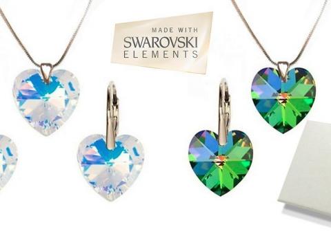 Jedinečný set Swarovski v tvare srdca. Luxusný a elegantný darček v rôznych farbách pre všetky vekové kategórie.  