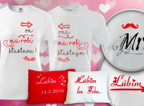 Valentínske vyšívané vankúše či tričká s potlačou s vlastným motívom. Krásnym darčekom povedzte svojej milovanej osobe čo pre vás znamená.