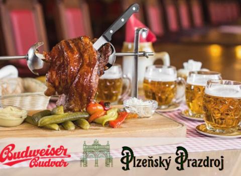 1100 g Bravčové pečené koleno s oblohou v Budweiser Budvar pub alebo v Plzeňskom prazdroji. Zahryznite sa do nefalšovaného kusu mäsa. 