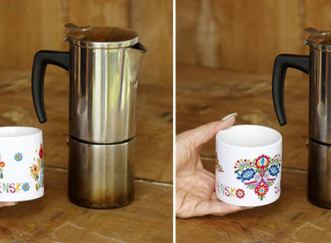 Hrnček espresso s ľudovým motívom, detský plastový hrnček či sada táciek pod poháre s ľudovým motívom.